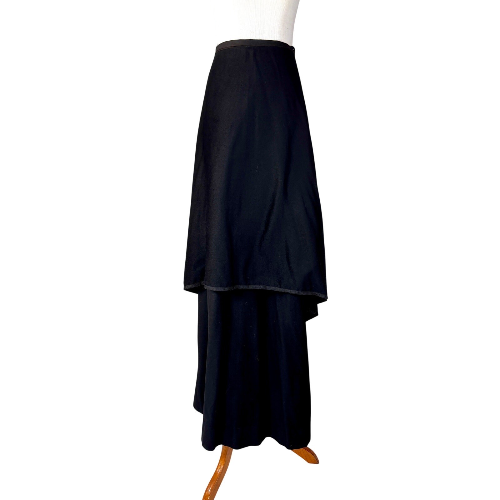 Antique Edwardian Black Wool Mourning Walking Skirt Jet Beads Tassels Tiered