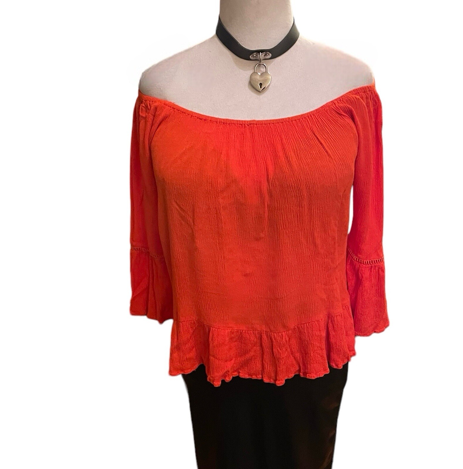 Vintage Blouse Gypsy Peasant Top Spanish Flamenco Boho Ruffle Off Shoulder Red M