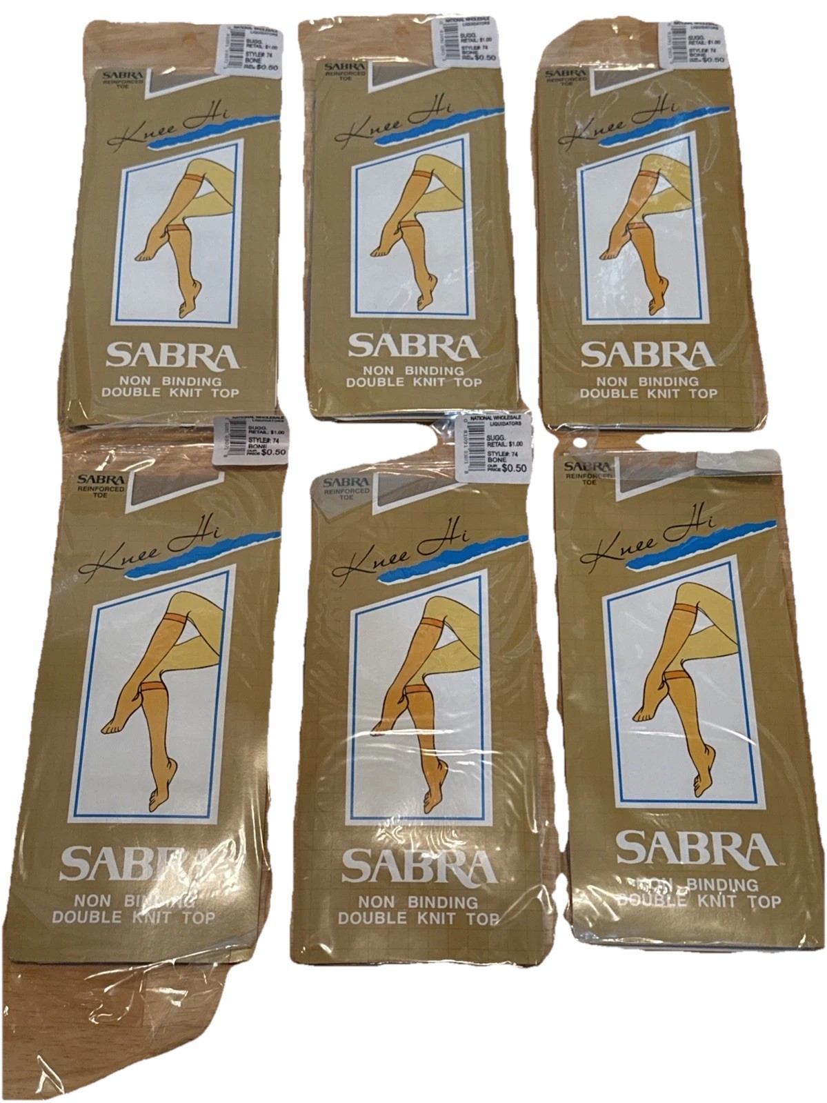 VINTAGE Lot 6 New Bone Sabra Knee Hi Double Knit Reinf Toe Nylon Stockings Socks