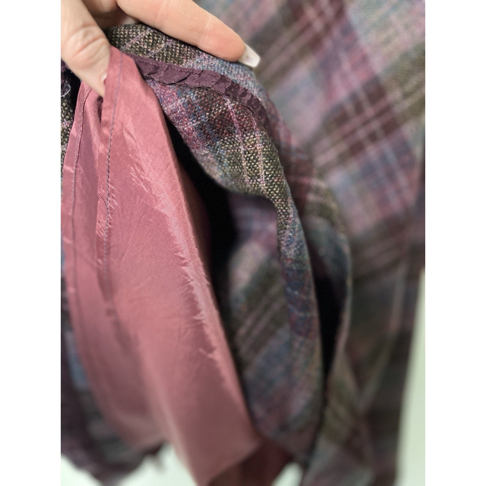 70s Purple Plaid Tweed Wool Blazer Suit Jacket Midi Skirt Size 6 Dark Academia