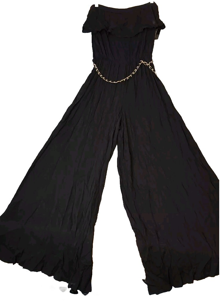 Strapless Jumpsuit Romper VTG 90s Coco Bianco Black Gauze Rayon Flowy Sz M NWT