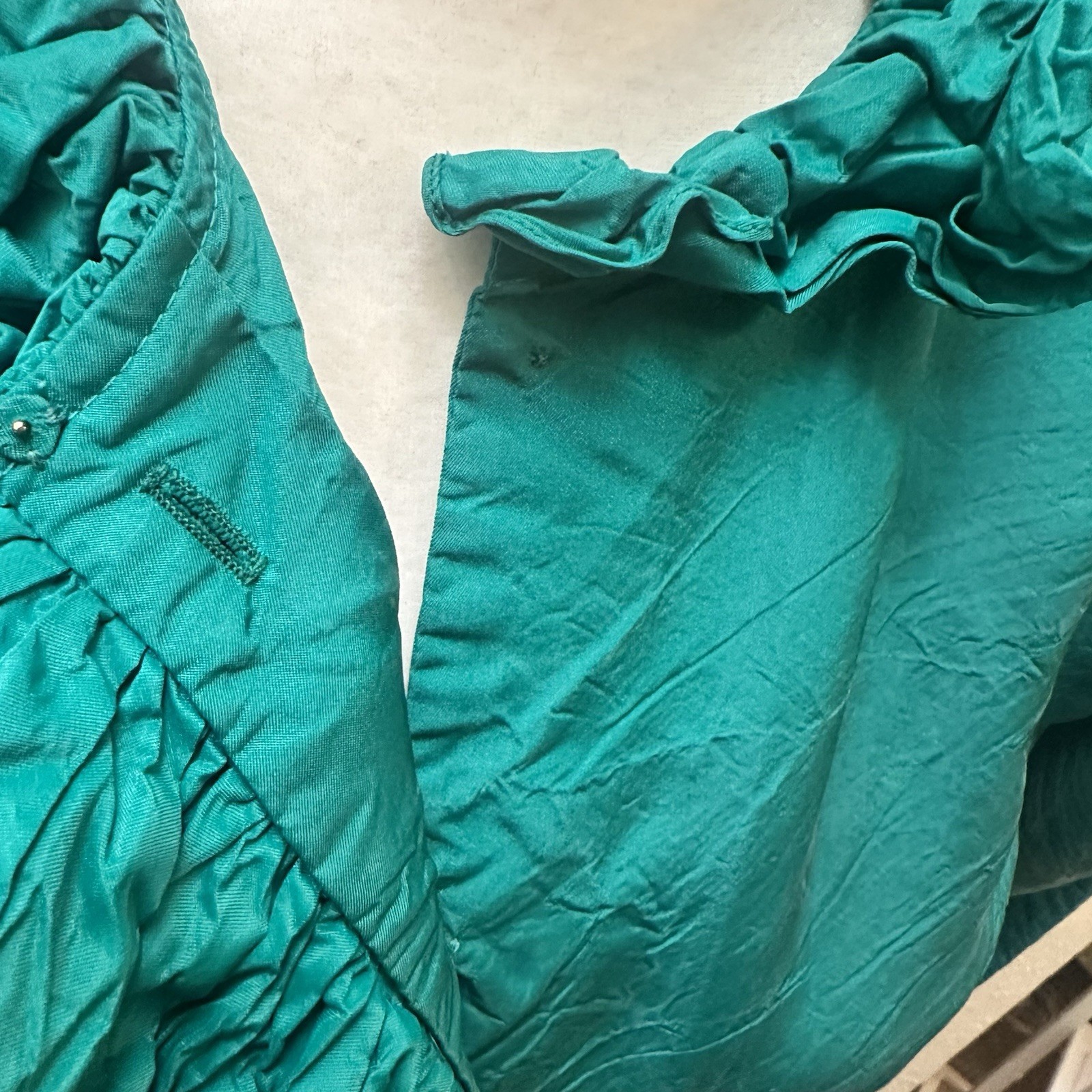 VTG 50s William Pearson Retro Midi Dress Ruffle Collar High Neck Emerald Green S