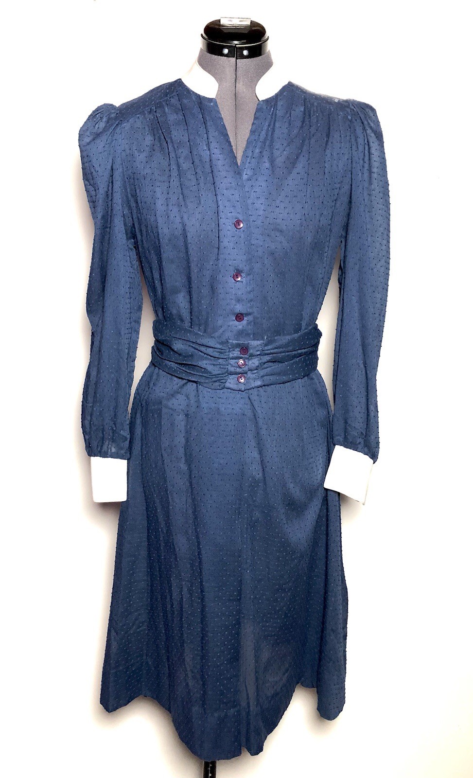 Vintage 1980s Applause Rave Reviews Navy Swiss Dot Shirt Dress Contrast Collar M