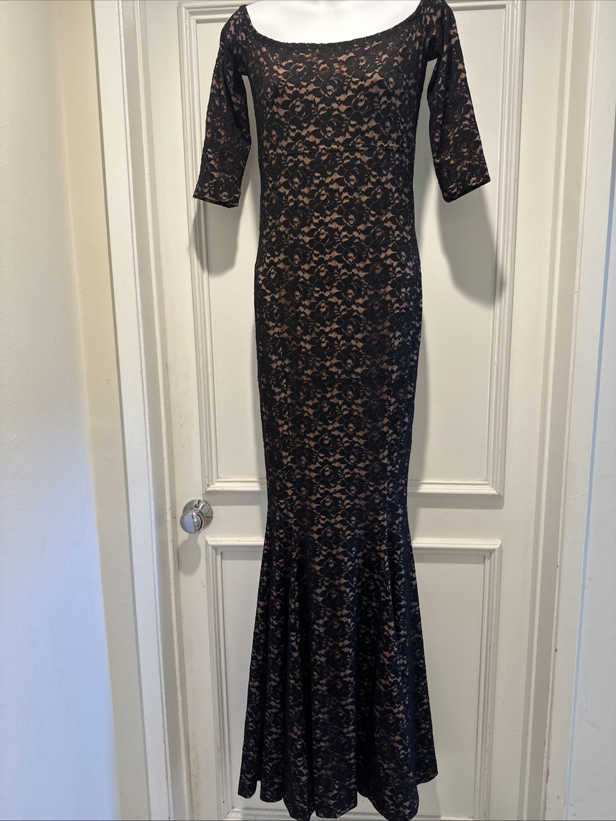 Omo Norma Kamali 90s Black Lace & Nude Shoulder Baring Empire Mermaid Maxi L