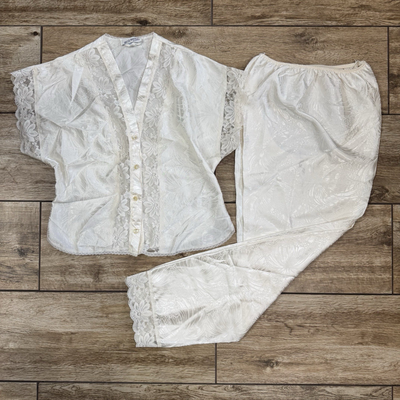 Vintage Lily Of France Sleepwear cream Silk Lace Pajama Top Pants Set