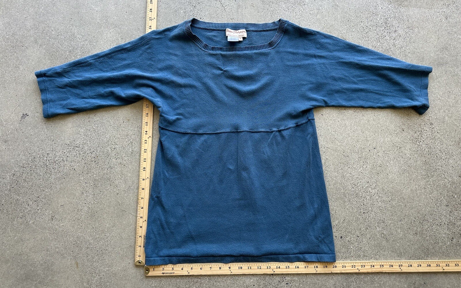 Vintage Norm Thompson Blue Lyocell Blend 3/4 Sleeve Exposed Stitch Sweater Sz M