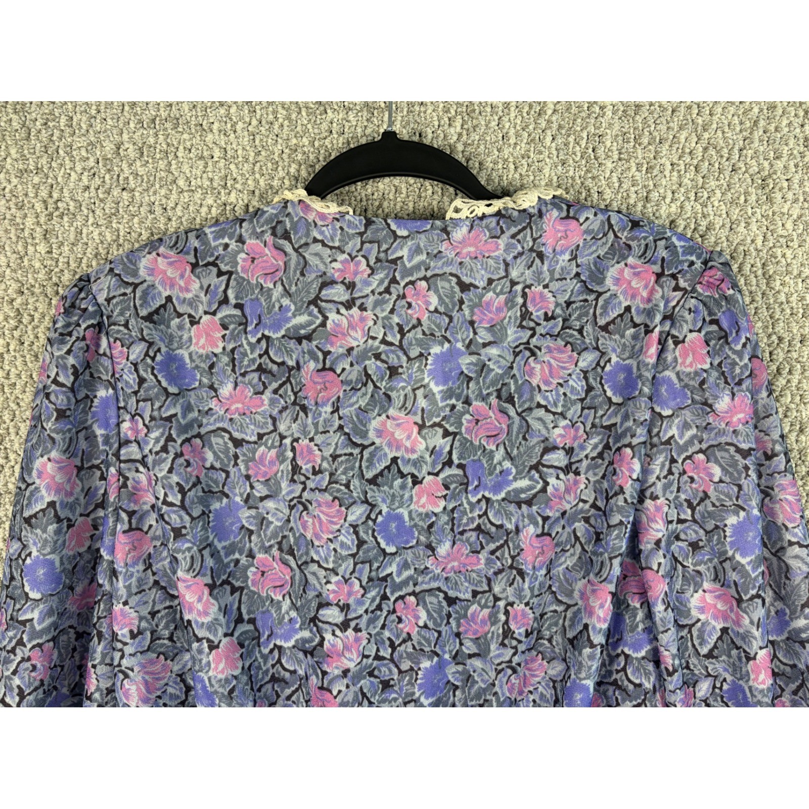 Vintage Sue Sherry 70s Union Made Belted Shoulder Pad Floral Lace Dress 16