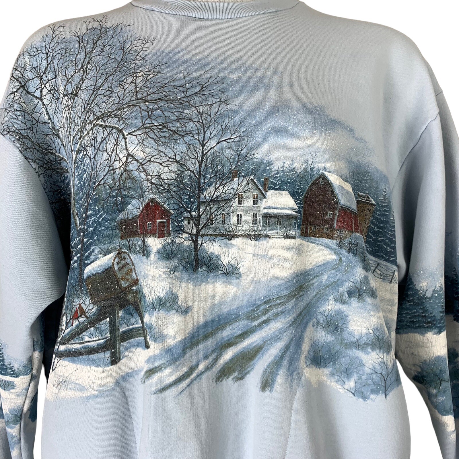 Vintage Sweatshirt Mock Neck Pockets Farm Nature Scenery Graphics Wildlife Fed.