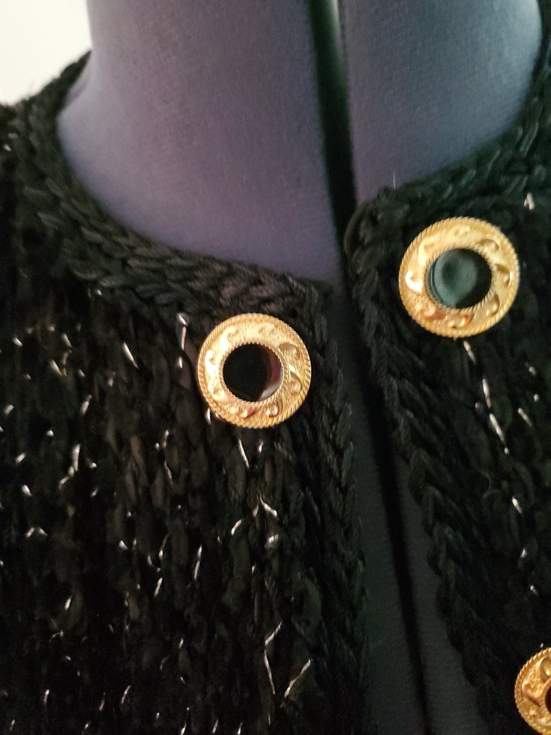 VINTAGE ESTELLE GRACER Handwoven Artisan Black Sparkle Cardigan Sweater 1991
