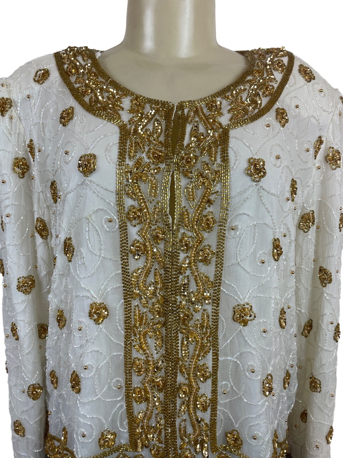 Mark & John Vintage White & Gold Sequined Beaded Jacket With Floral Design Sz XL