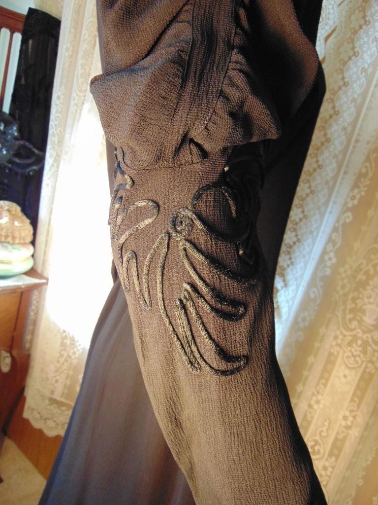 VTG 30s Black Crepe Dress Amazing Juliet Sleeves Soutache trim 36B has fade