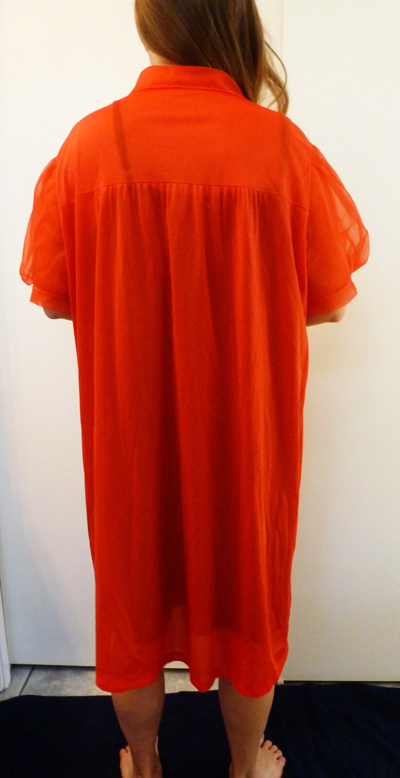 JC PENNEY CHARMODE VTG RED DOUBLE LAYER CHIFFON PEIGNOIR ROBE PUFF SLEEVES L EVC