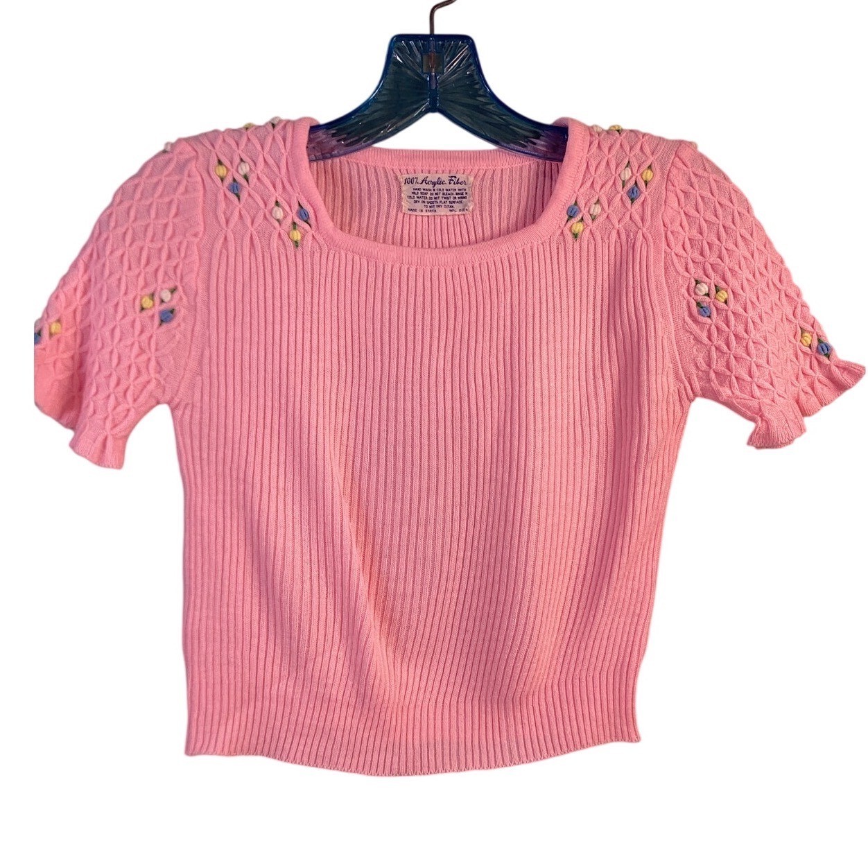 Vintage Pink Ribbed Knit Floral Embroidered Square Neck Short Sleeve Sweater S