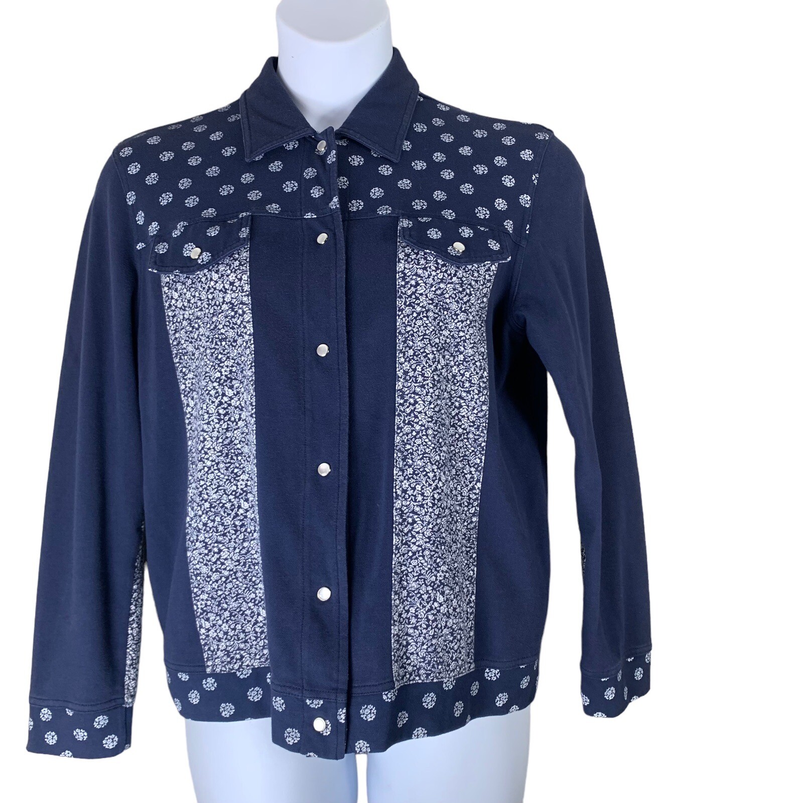 Vintage Cardigan Sweater Size Medium Blast Snap Front Blue Floral Long Sleeved