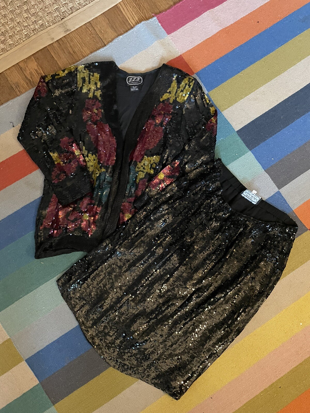 Vintage Jean For Joseph Le Bon Sequin Jacket Floral Black With Skirt