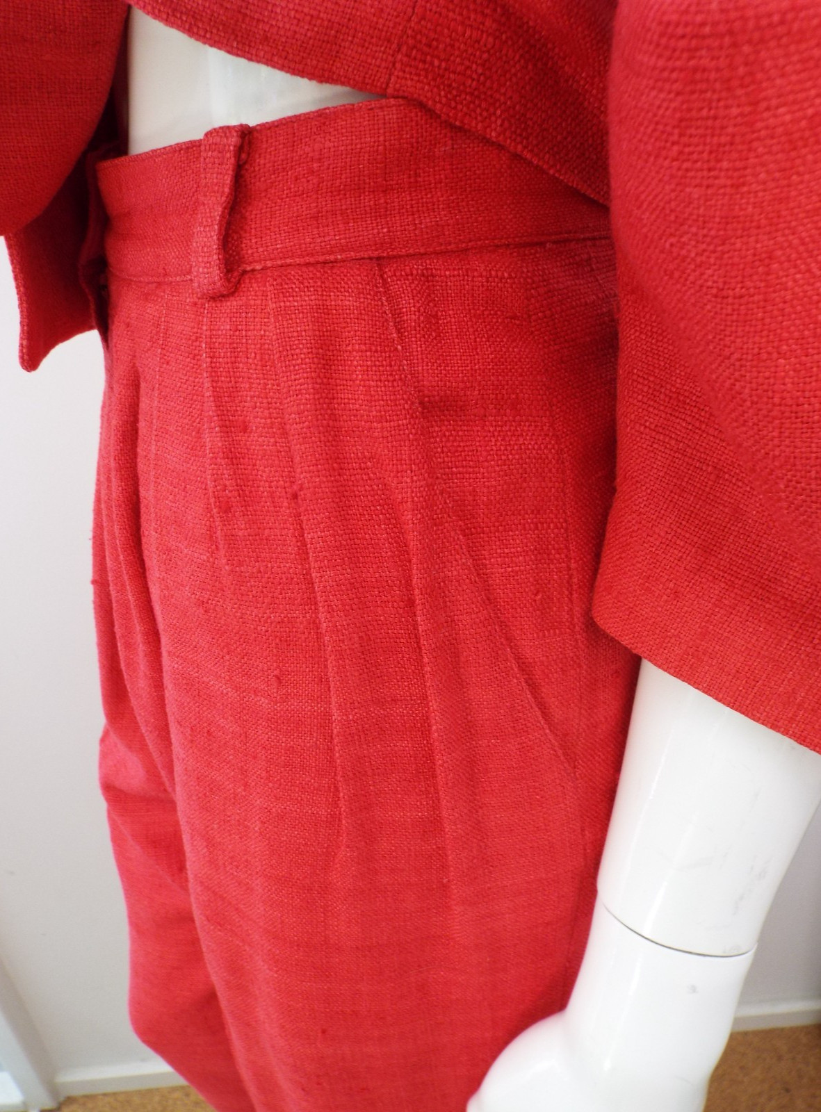 Vintage 1980s KENZO Red Silk Suit Cropped Blazer Jacket & Pleated Pants 38 Small
