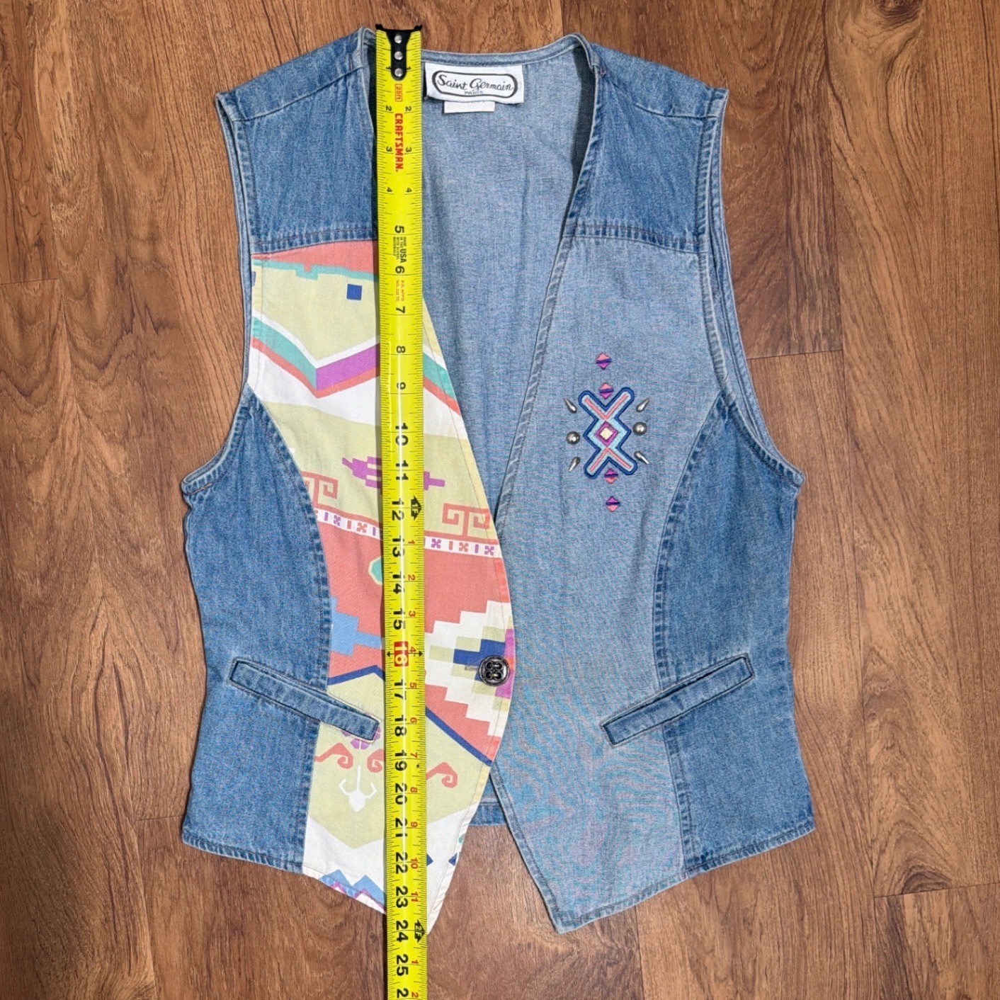 Saint Germain Paris Vintage Denim Vest Southwestern Studded Blue Medium Petite