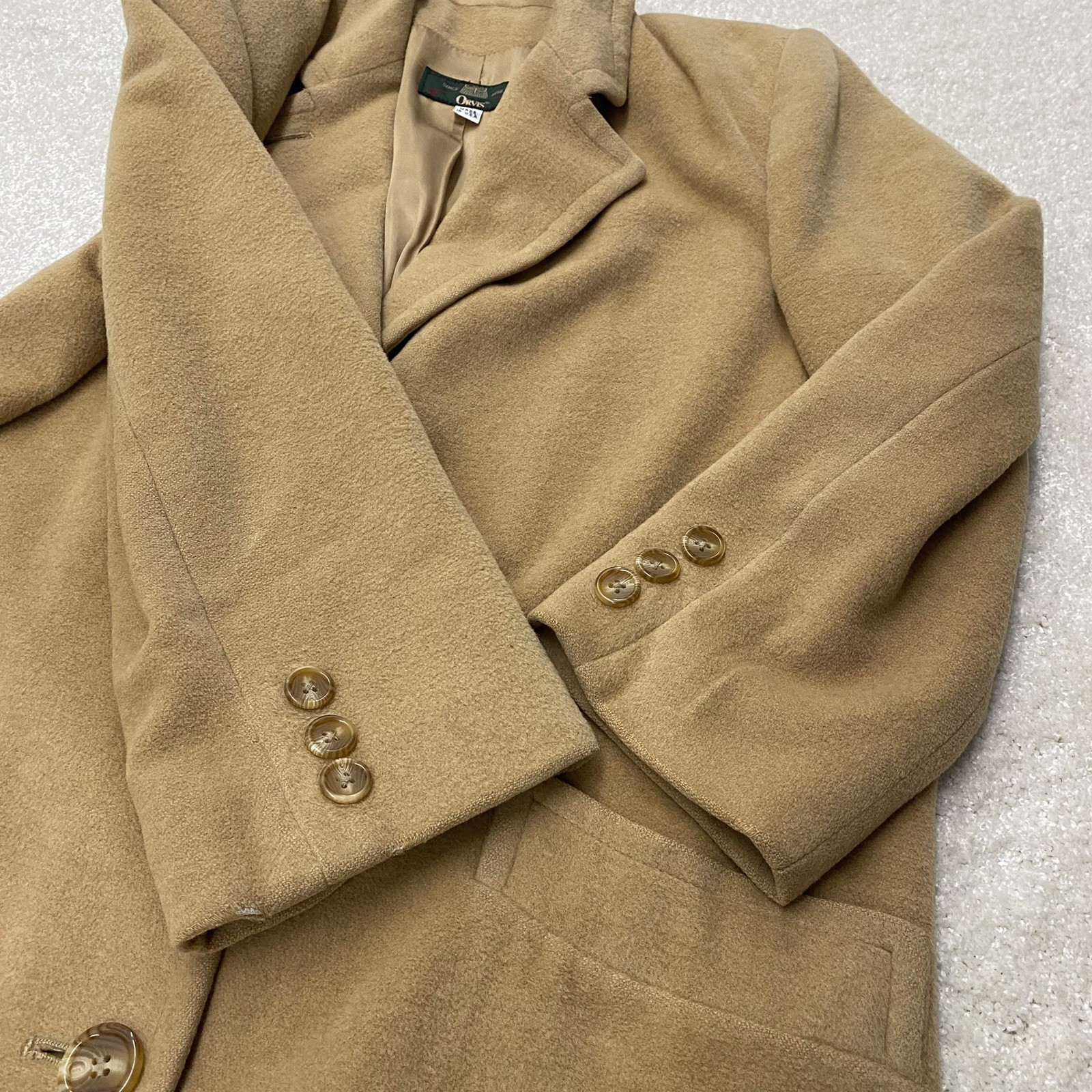 Vintage Womens 100% Camel Hair ORVIS Tan/Camel Satin Lined Trench Coat Size 8