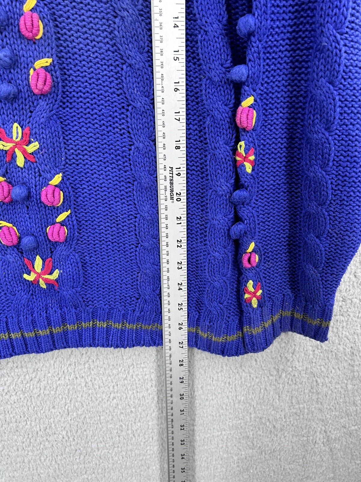 Vintage Counterparts Sweater Cable Knit Floral Pom Blue Women’s Size Medium 80’s