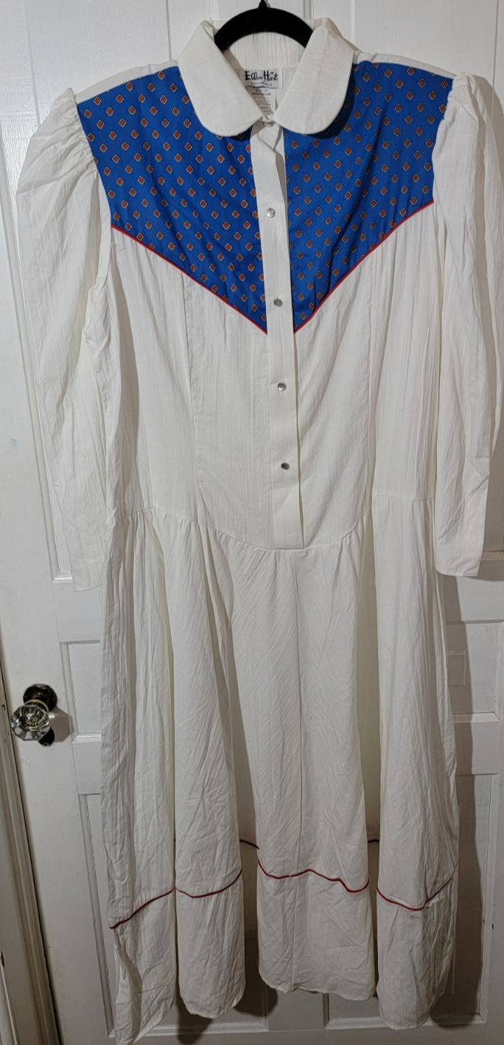 EUC RARE 80s VTG Western Prairie Maxi Dress White Blue Yoke Cottage Core XL 20T