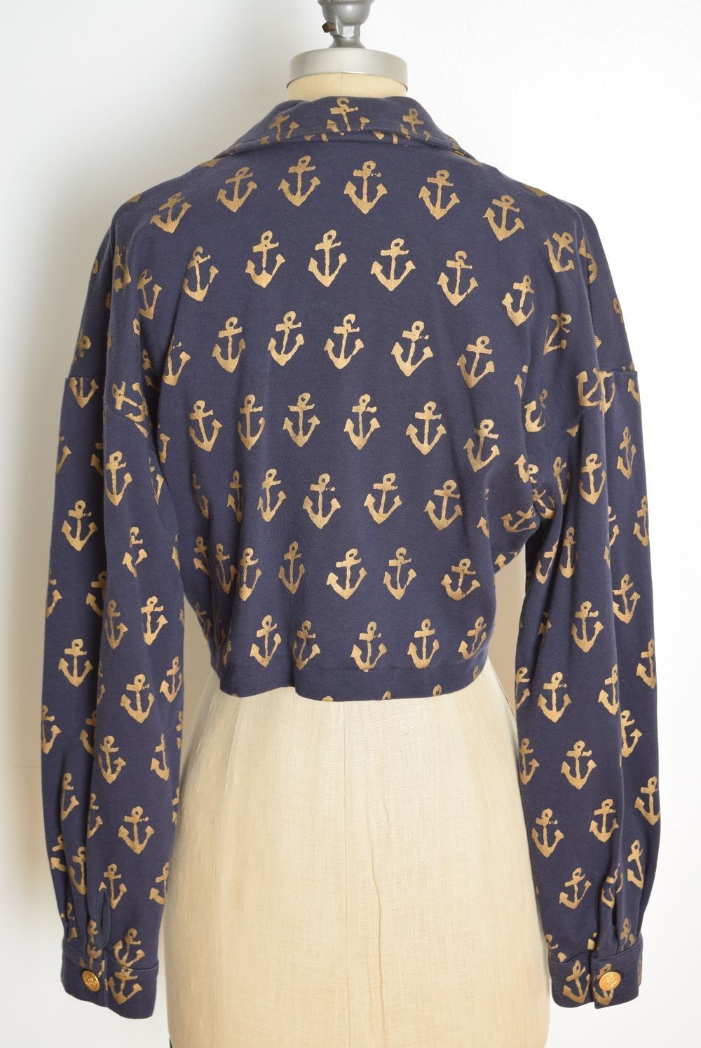 vintage 80s jacket top navy metallic gold anchor print nautical sailor L XL