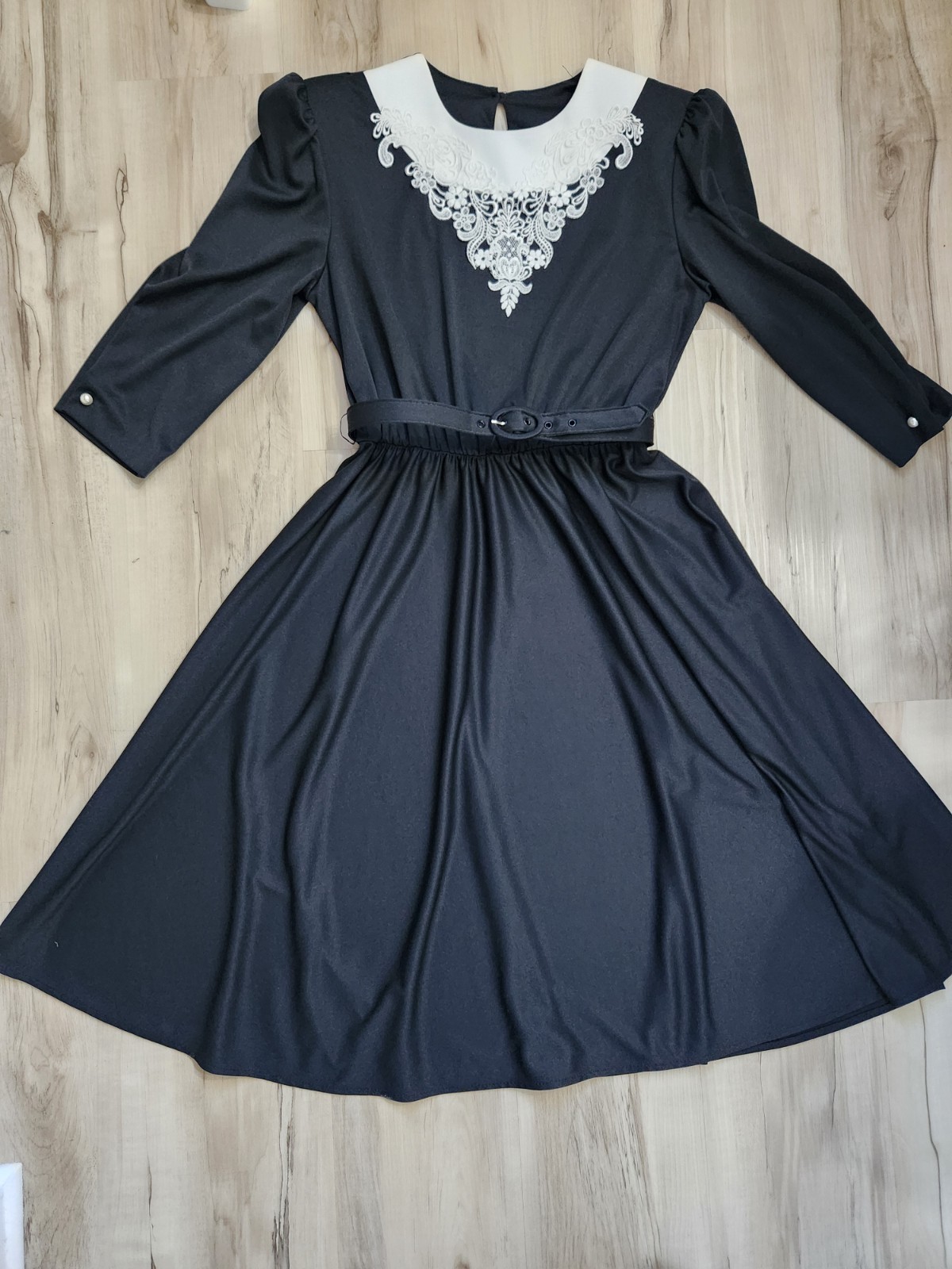 Vtg 80s 40s Whirlaway Frocks Black White Lace Collar Midi Dress Twirl Belted 6 P