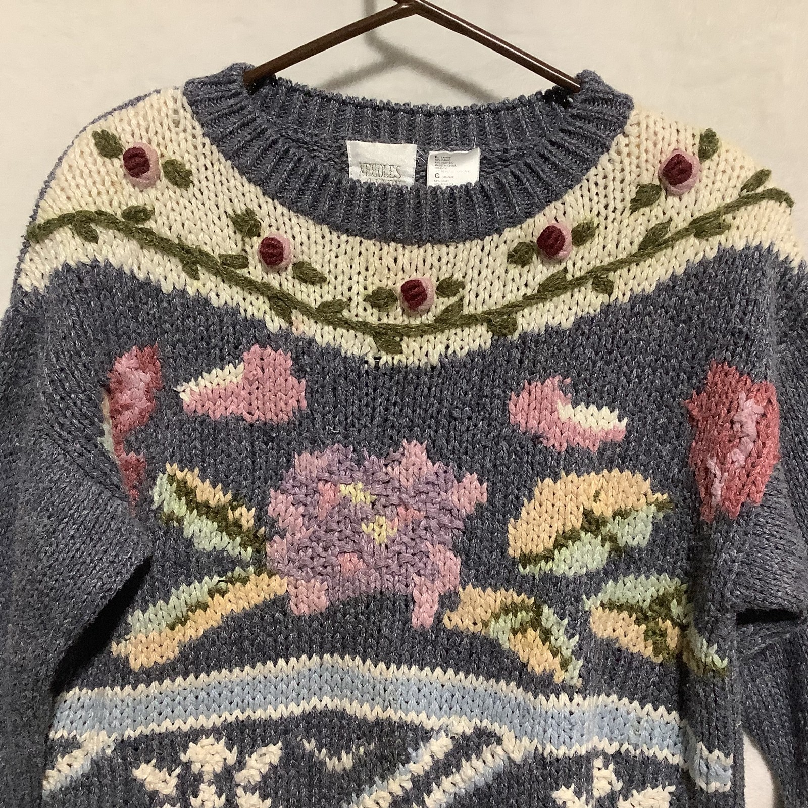 VTG Needles & Yarn Knit Sweater Floral Embroidered Crocheted Sz L Grandma Granny