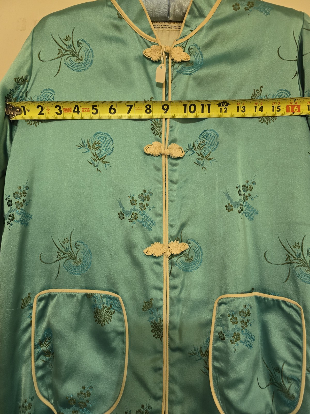 Vintage 50s Chinese Brocade Hostess Gown- Women’s- Turquoise Satin-Size 42/L