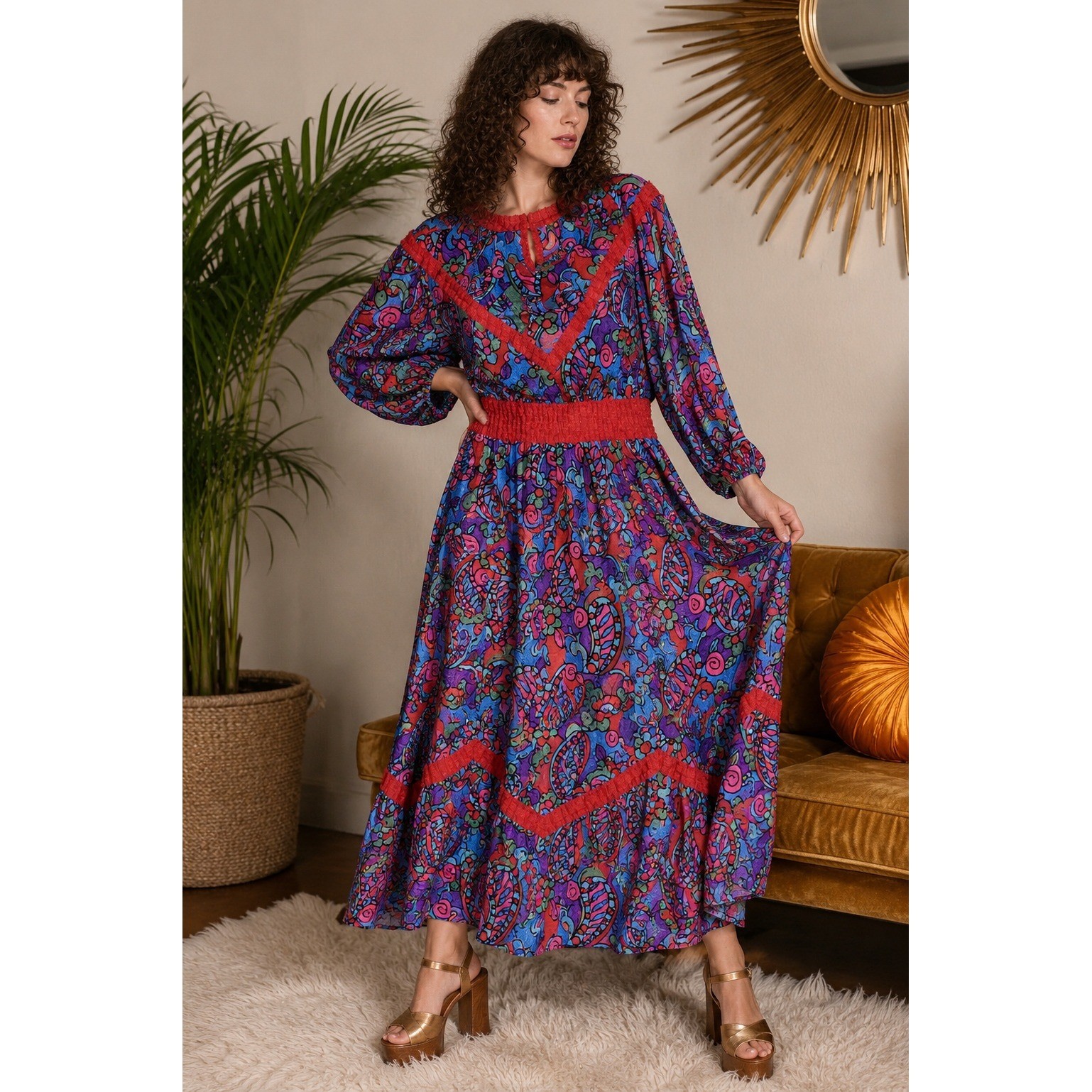 Diane Freis OS Vintage 1980s Boho Flowy Maxi Dress Mixed Floral Pattern Romantic