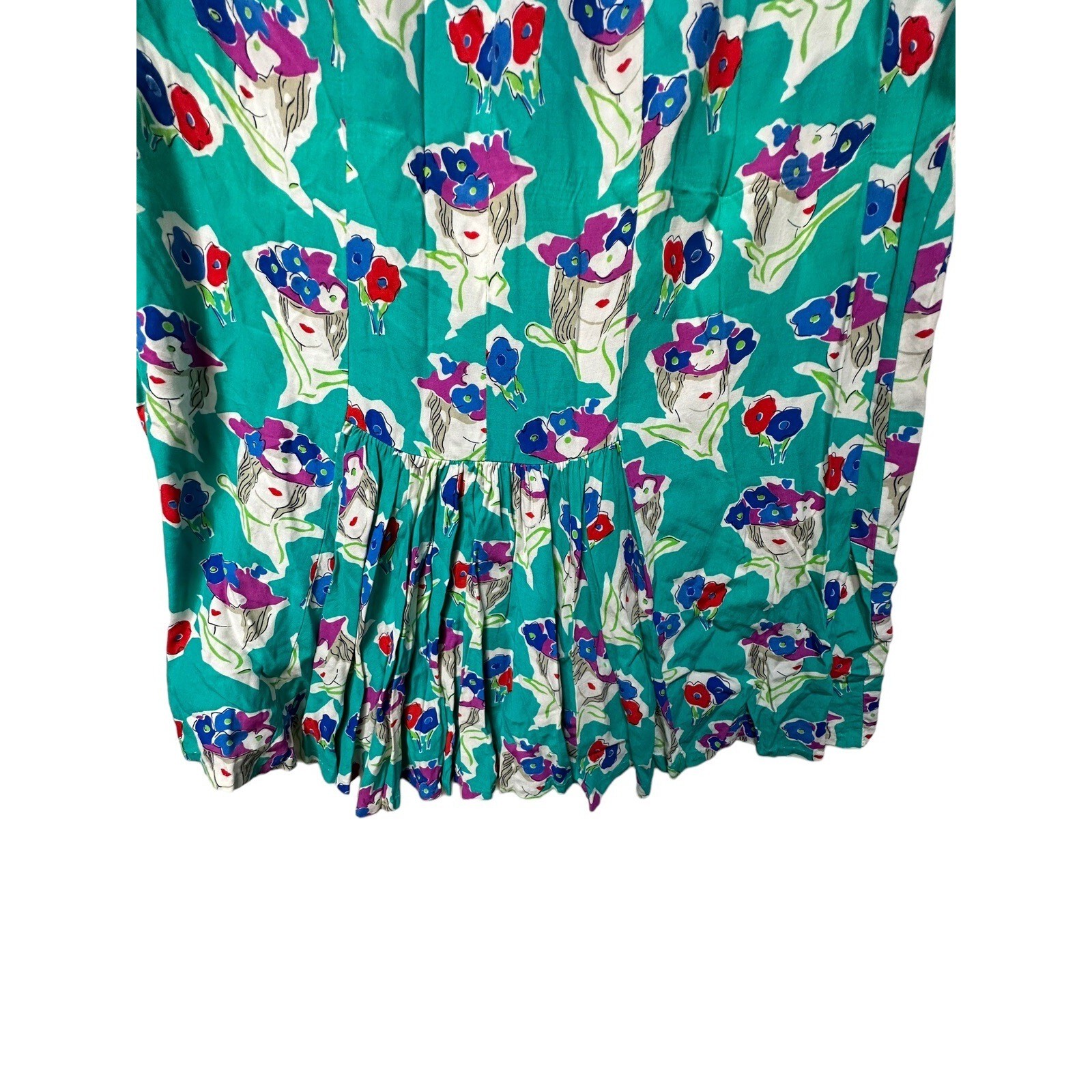 K & Company Vintage Teal Rayon Novelty Print Women Floral Hat Midi Skirt M
