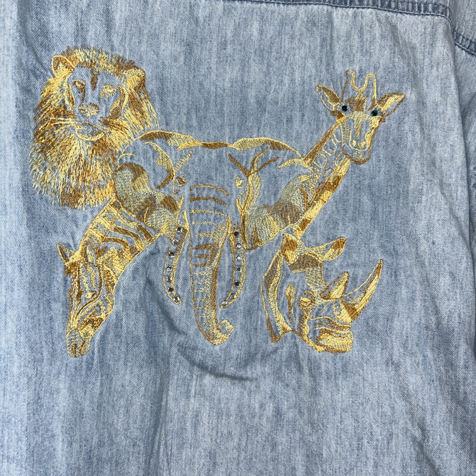 Vintage 90s Infinity Fashions Shirt Denim Giraffe, Jungle Embroidered Women L