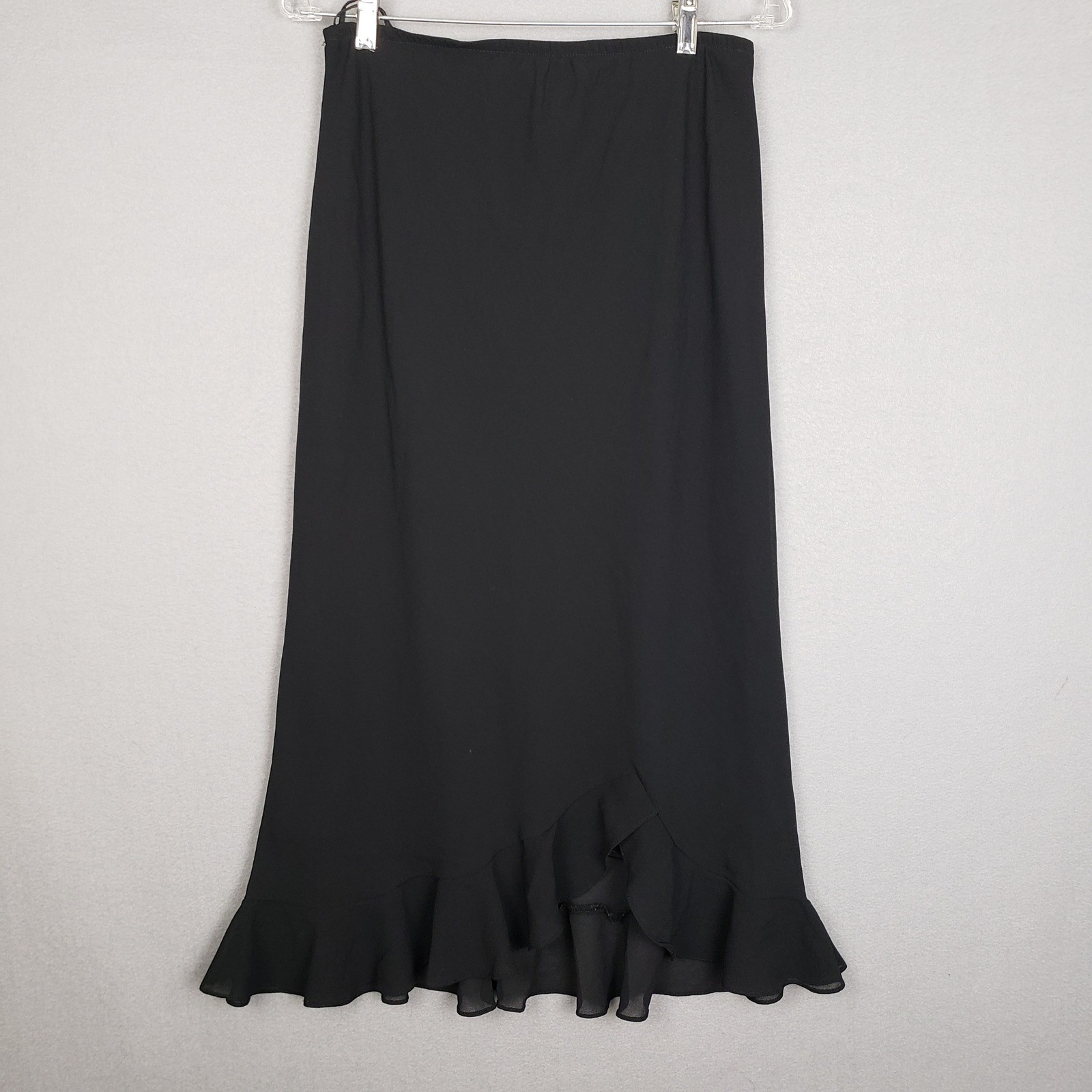 Vintage JBS Size 8 Petite Ruffle Bottom Midi Skirt Black Flared Office Siren