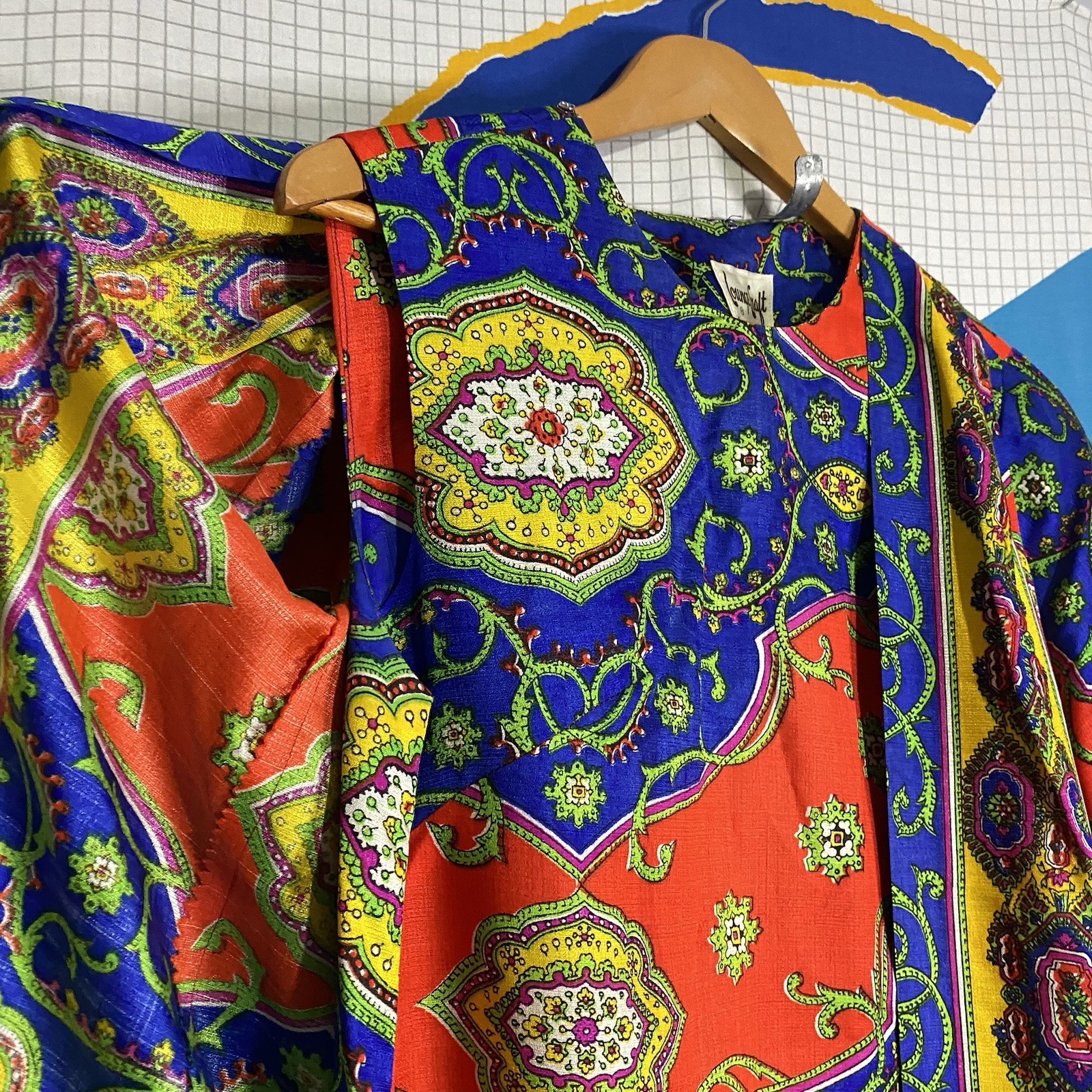 Vintage 60s Pyschedelic Kaftan Dress Small Wrap Hippie Boho Paisley Mod 70s