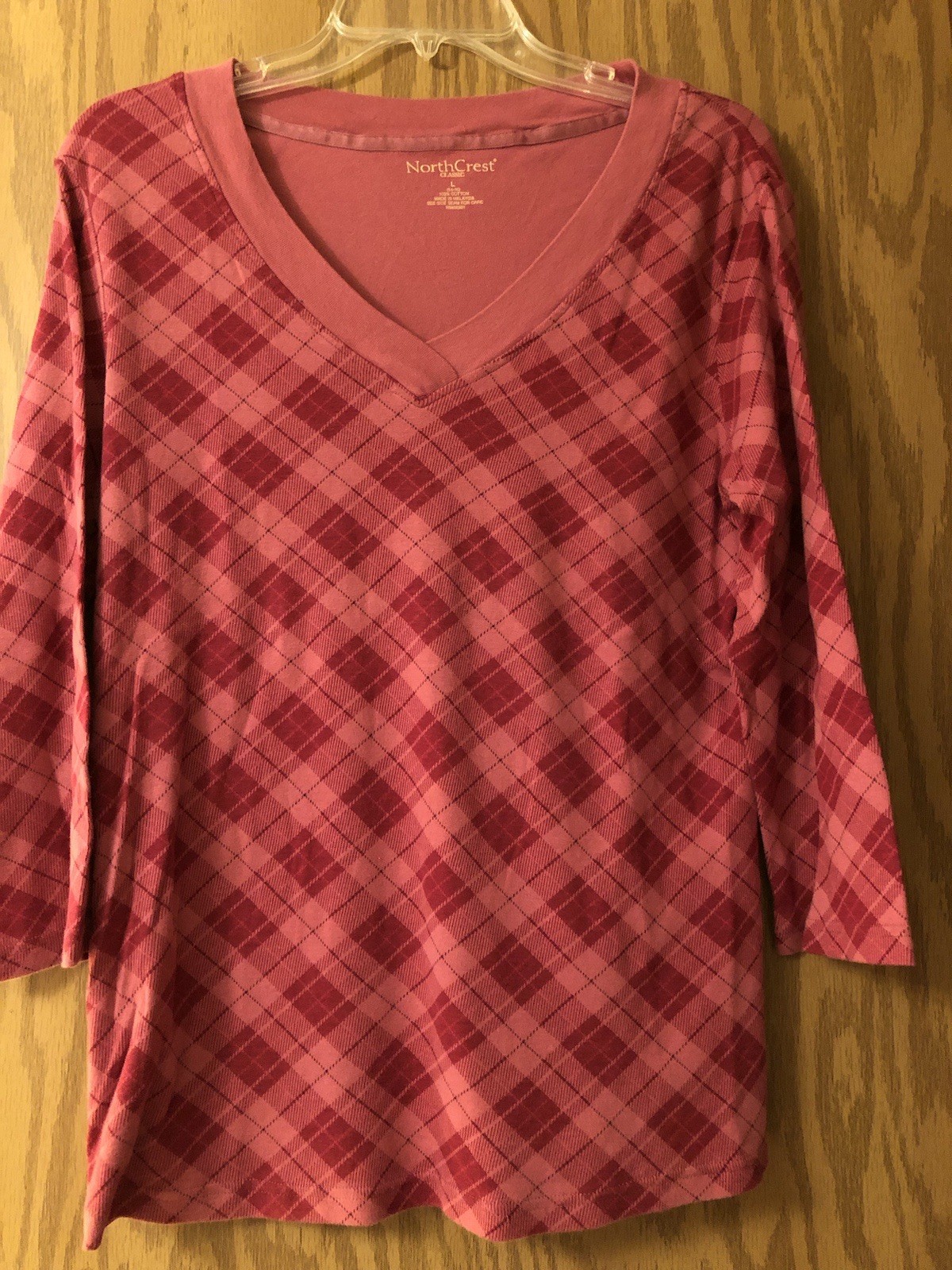 Women’s Size L Long Sleeve V-neck Burgundy Red Check NorthCrest Cotton Top