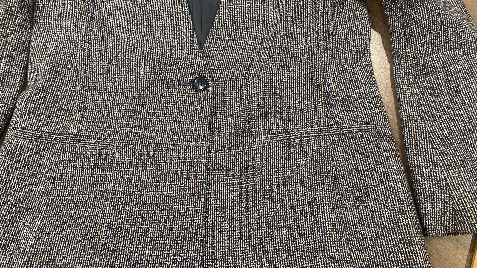 Vtg Barclay Gray Blazer Skirt Suit Multi Color Silk Thread Polyester USA Size 10