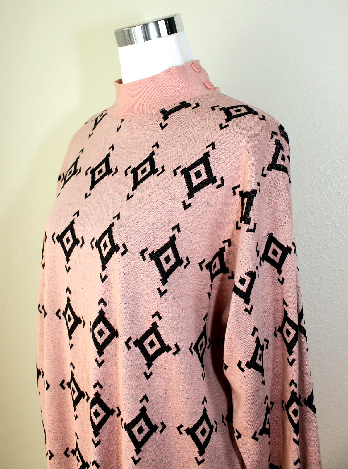 Preppy VTG McMac Pullover Sweater Top Mini Dress Sz L Pink Black Tribal Comfy 03