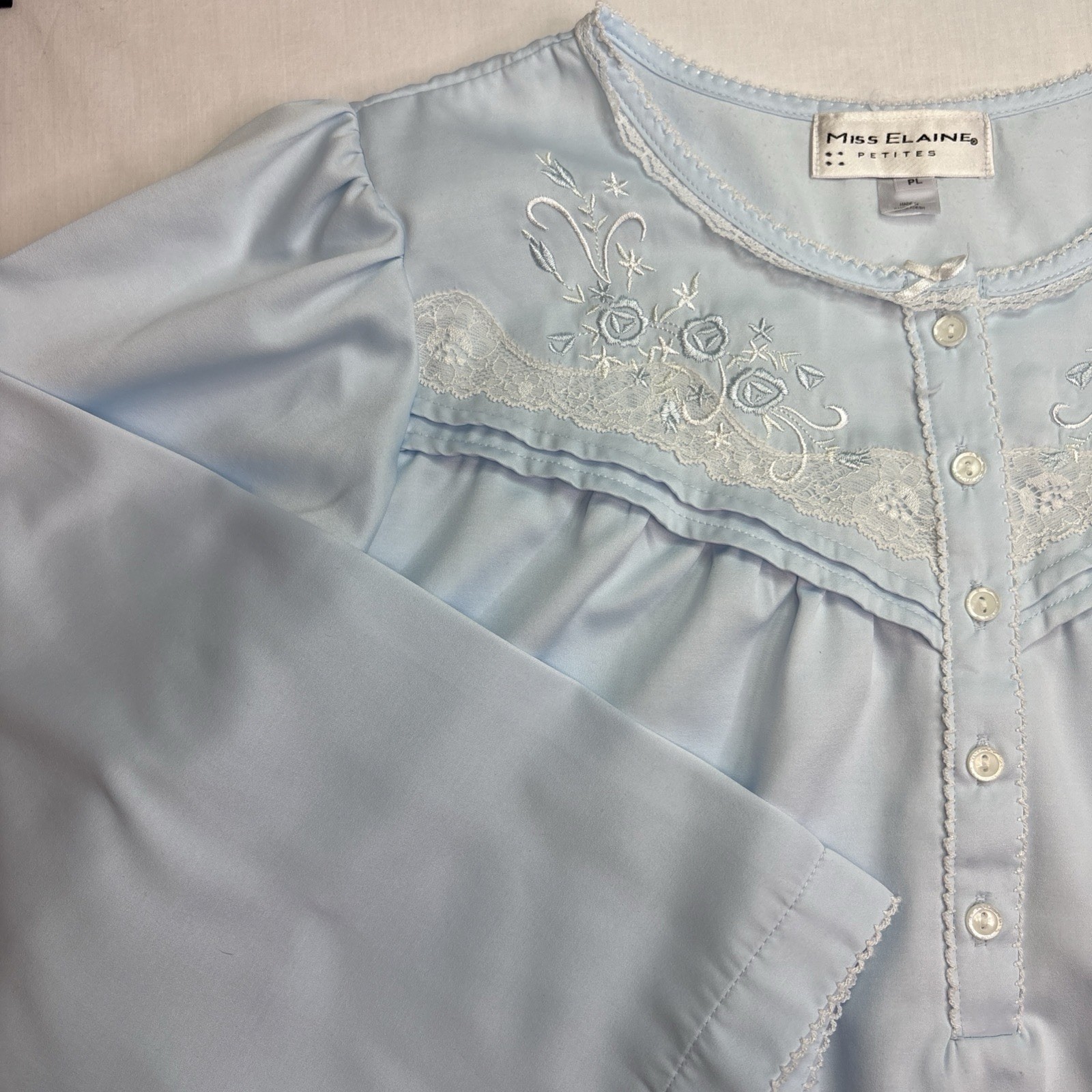 Miss Elaine Petites PL Nightgown Blue Long Sleeve Lace Embroidered Floral