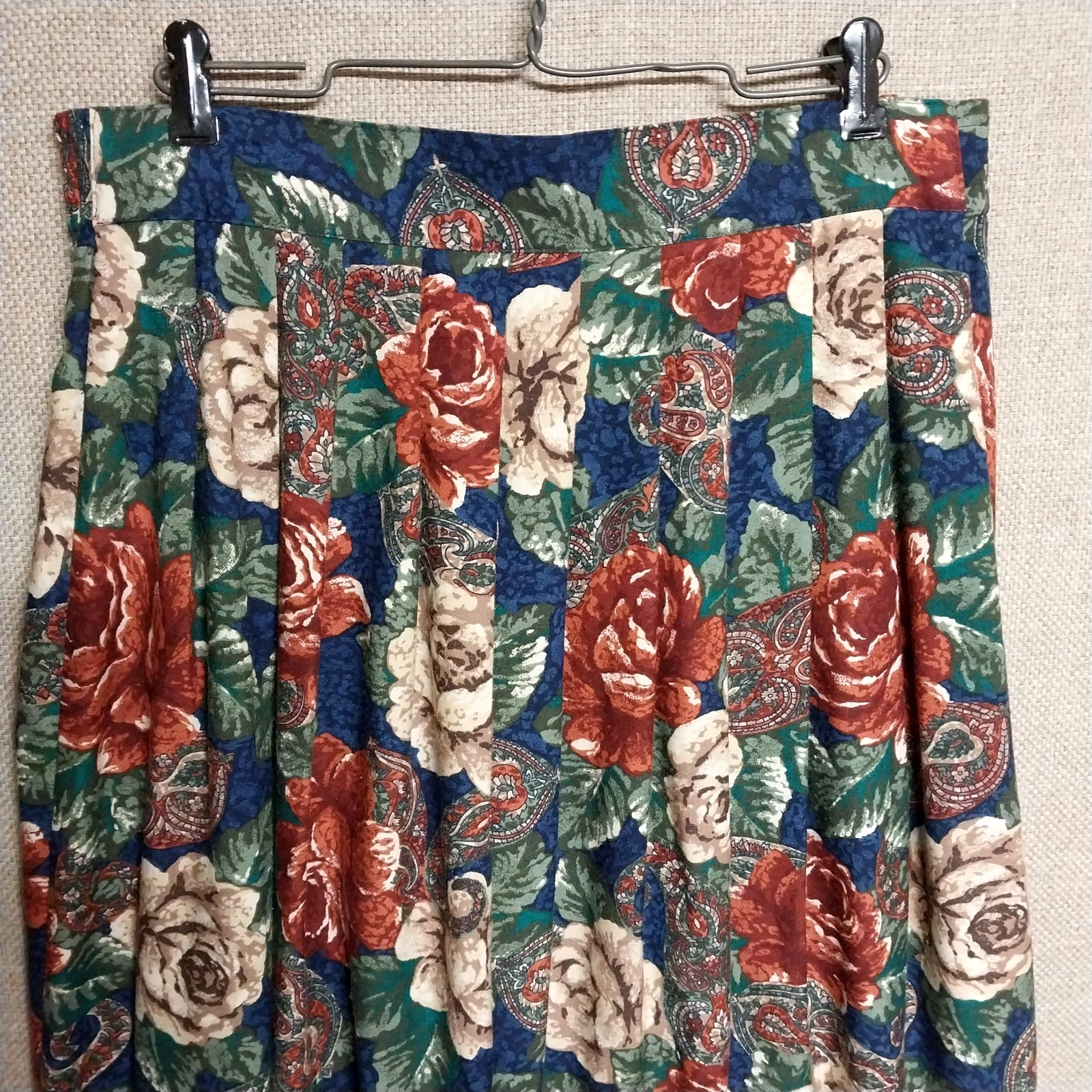 Vintage Kathie Lee Rich Orange Beige Blue Floral Skirt Pleated Maxi USA Size 10