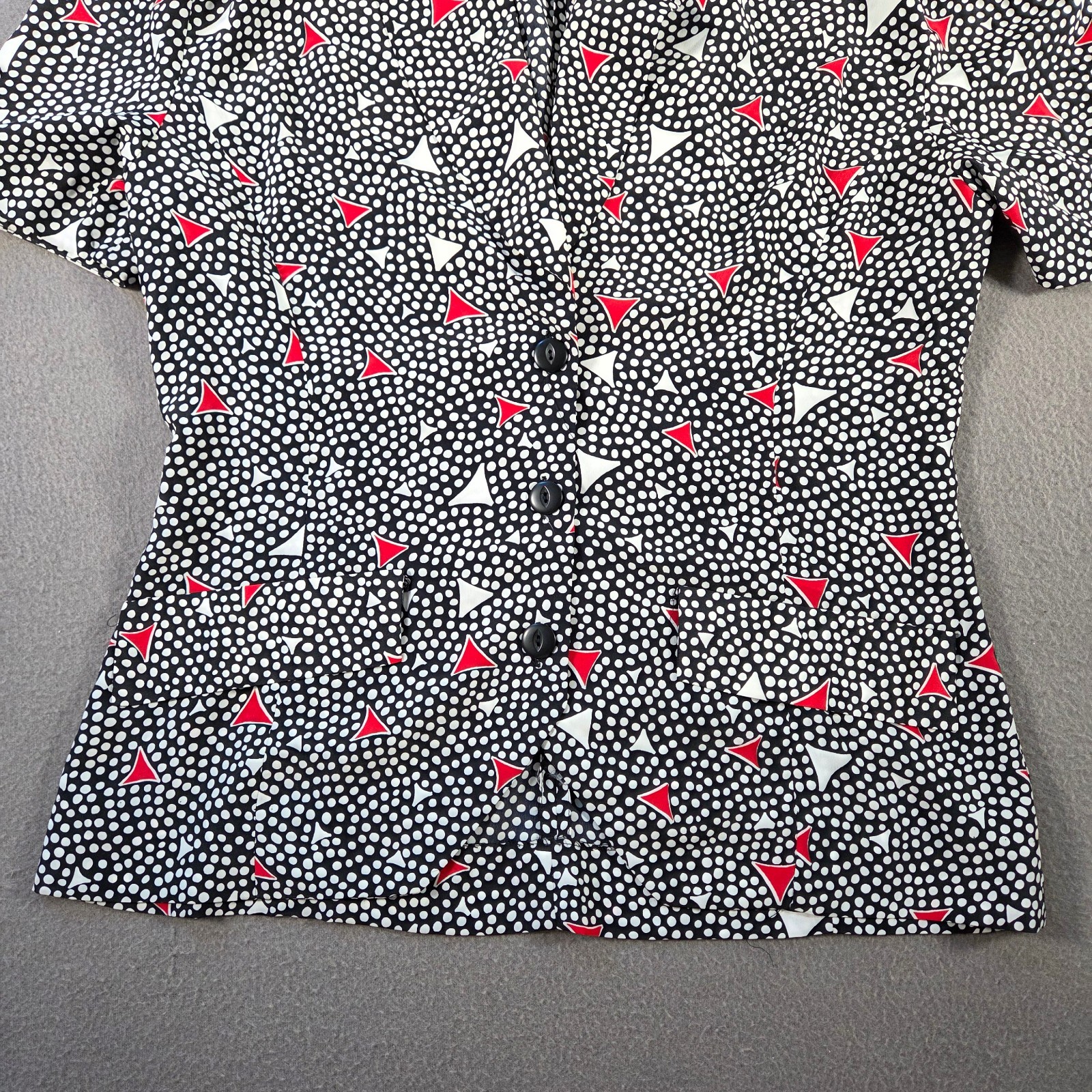 Vintage 80s Blouse Womens 12 Medium Black Polkadot Geometric Puff Sleeve Shirt
