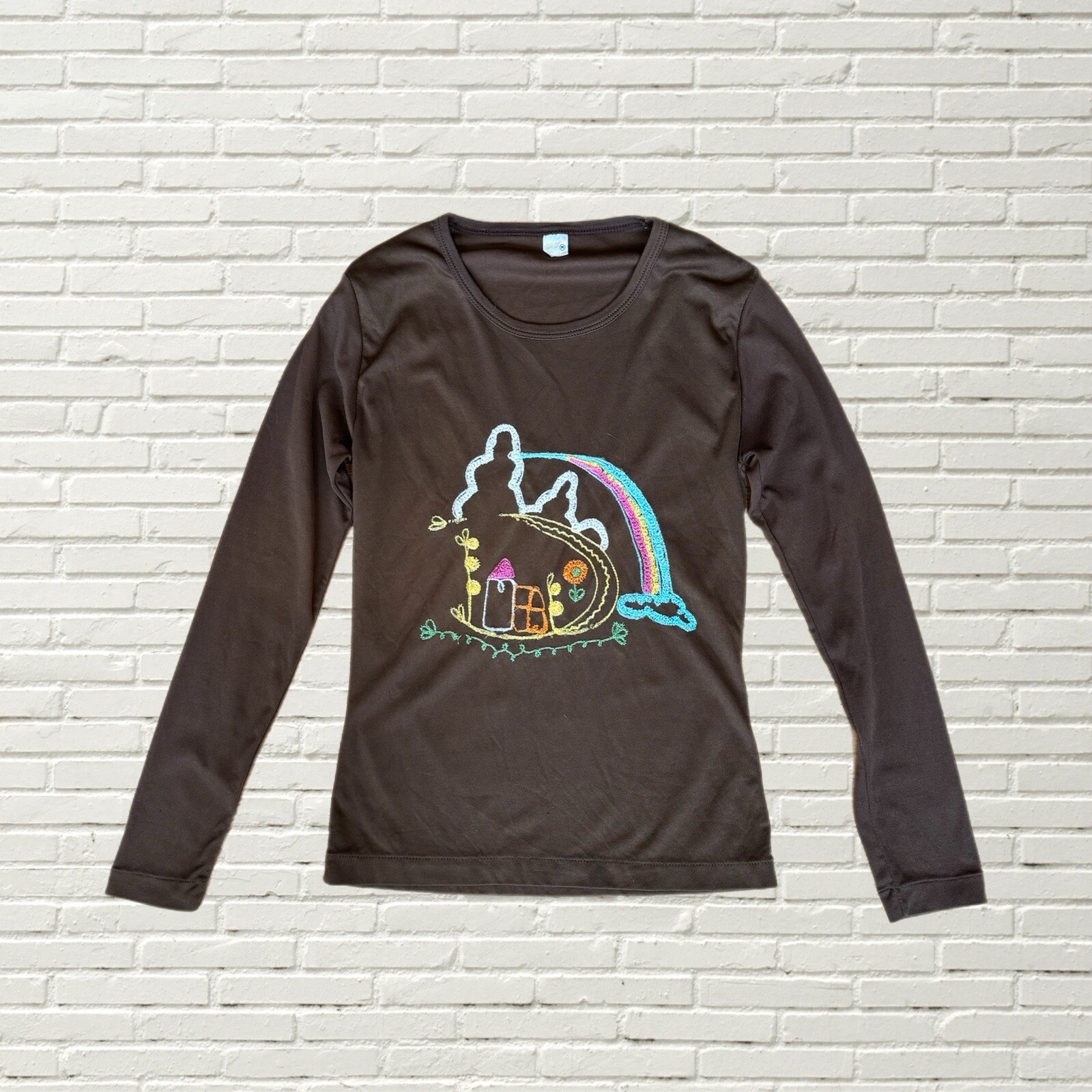 Vintage 70s Brown Long Sleeve T Shirt Hippie Rainbow Embroidered OOAK