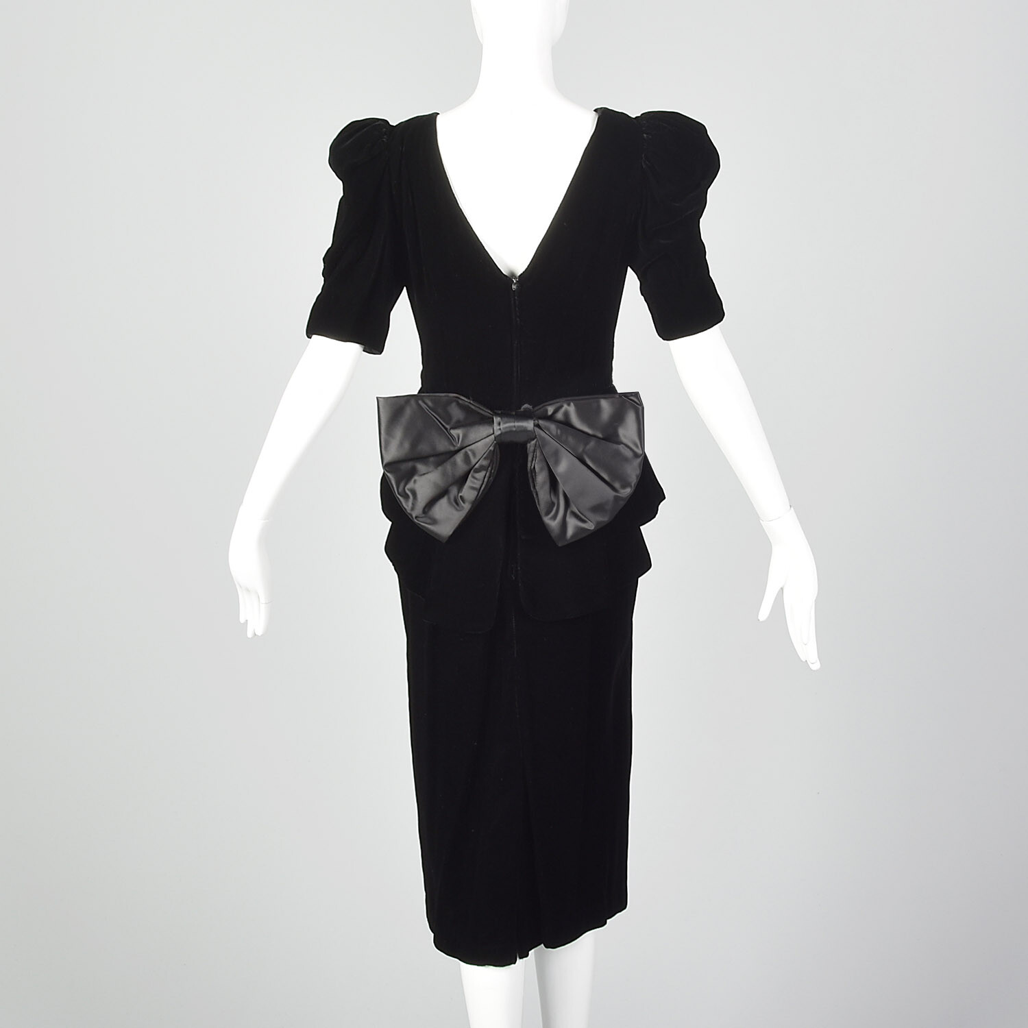 XS 1980s Black Velvet Peplum Dress 80s Does 40s Vintage Puff Sleeve Bow VTG Glam