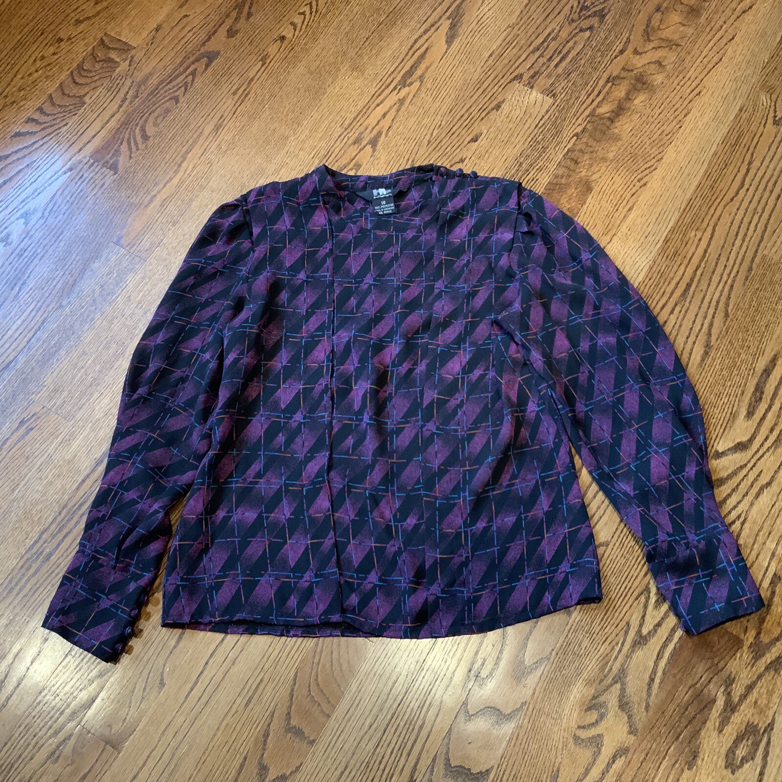 Vintage 80s 90s Women’s Blouse Sz 10 Geometric Balloon Sleeve Academia Goth Punk