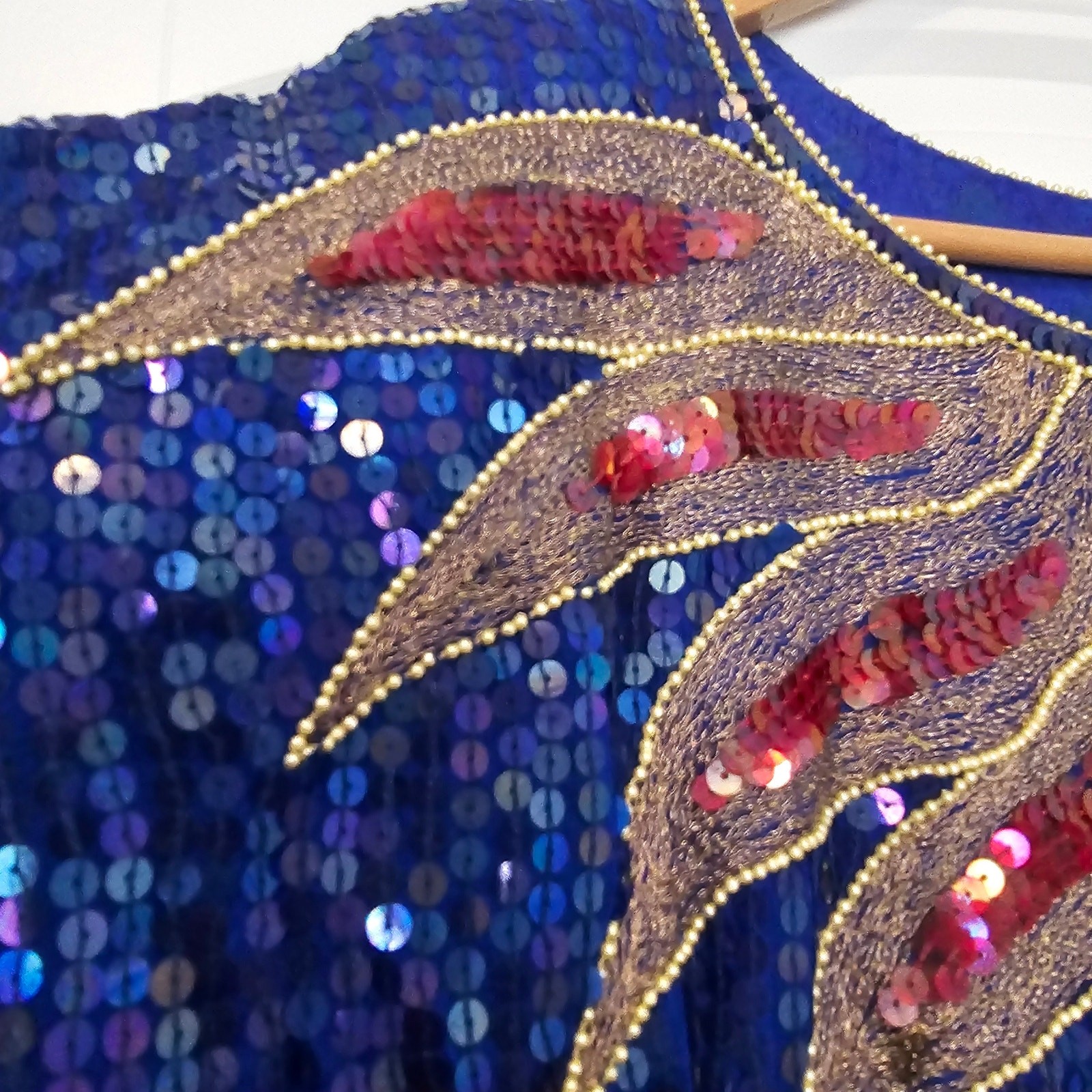 Vintage India Kings Blouse Womens Medium Blue Silk 80s Bright Sequins Beaded