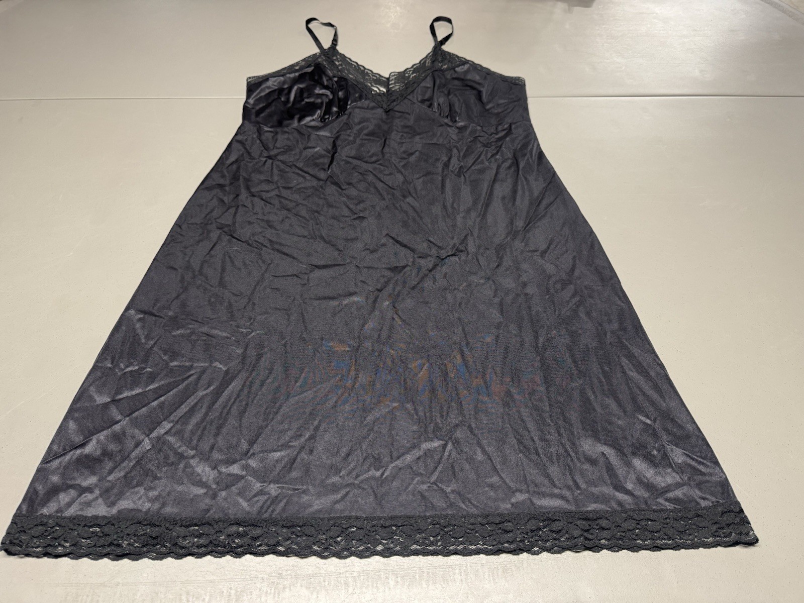 Vtg Sliperfection Sissy Full Slip Black Sz 44 Nylon Tricot Antron Silky Lace USA