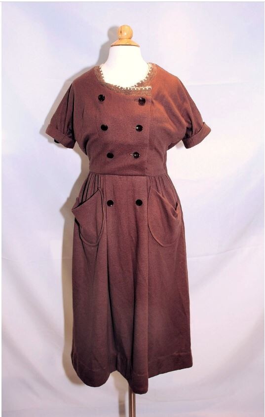 Vintage 1960’s Helen Whiting Brown Wool Day Dress Button Front XS/S Swiss Miss