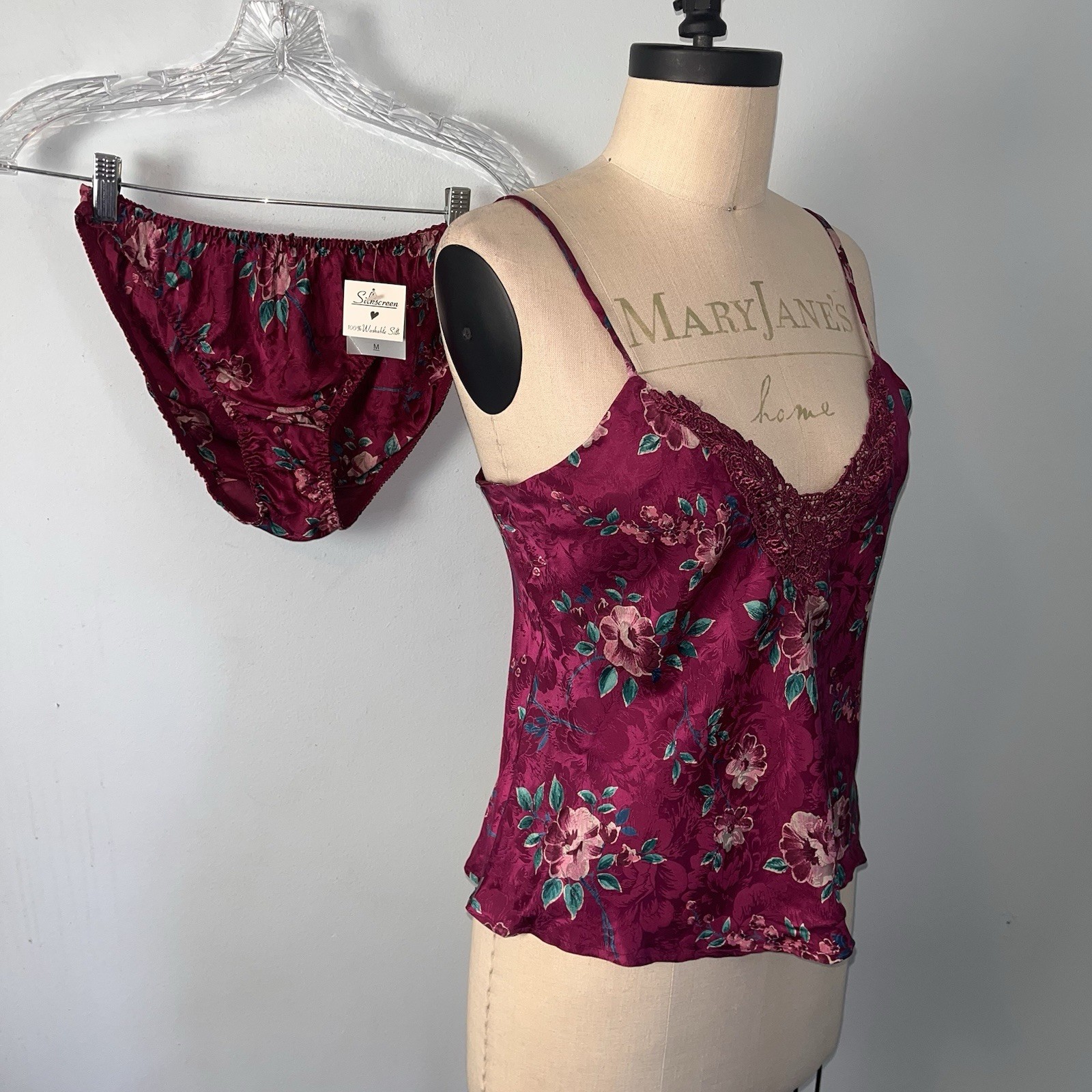 NWT VTG SILKSCREEN BIKINI PANTIES CAMI PJS SET FLORAL VINE MEDIUM 6 100% SILK