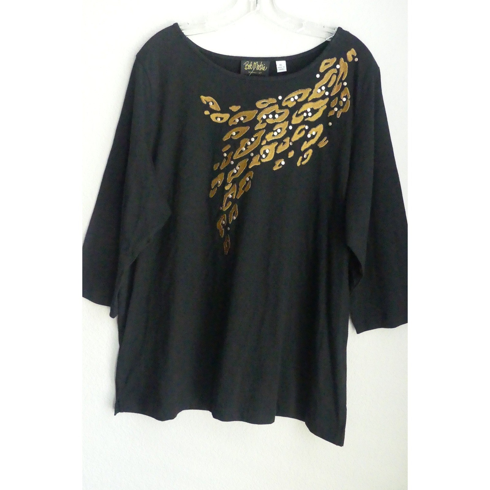 Bob Mackie Wearable Art Black Gold Leopard Embroidered Studded Top XL Cotton NWT