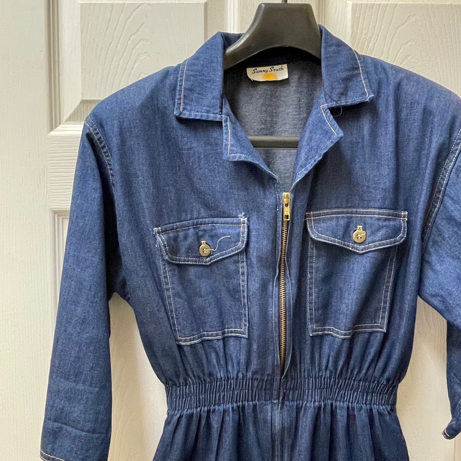 Vintage Sunny South Women’s (M) Zip Front Cinched Waist Denim Shirt Dress 70’s