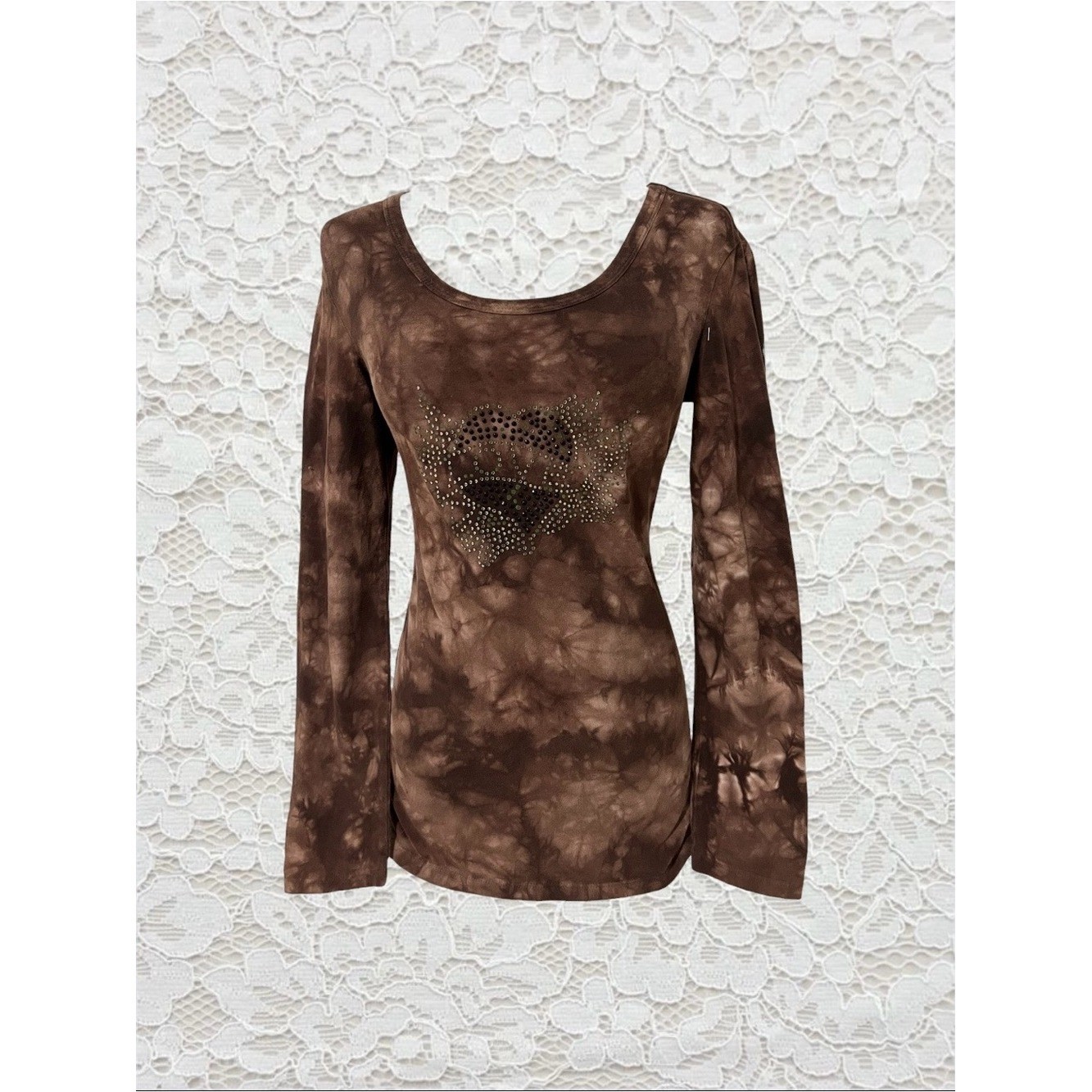 vintage y2k brown tie dye rhinestone graphic long sleeve top