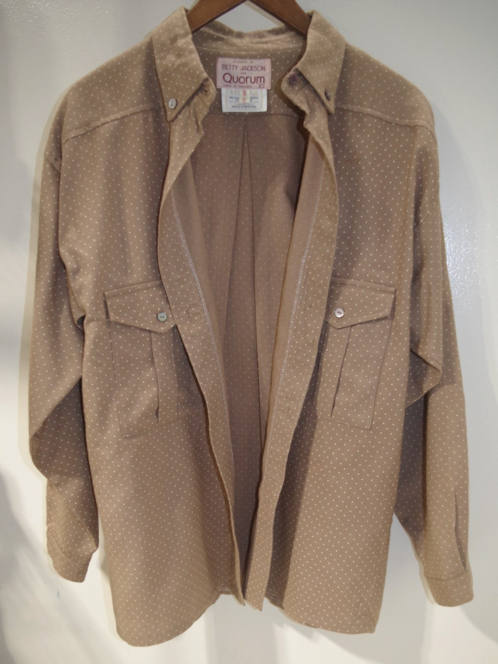 P4 Vintage Betty Jackson for Quorum Tan Polka Dot SHIRT 10 England Wool & Cotton